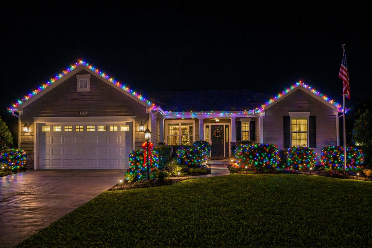 Professional Christmas light and holiday lighting installation with multicolor roofline lights and shrub lighting on a home in The Villages, FL