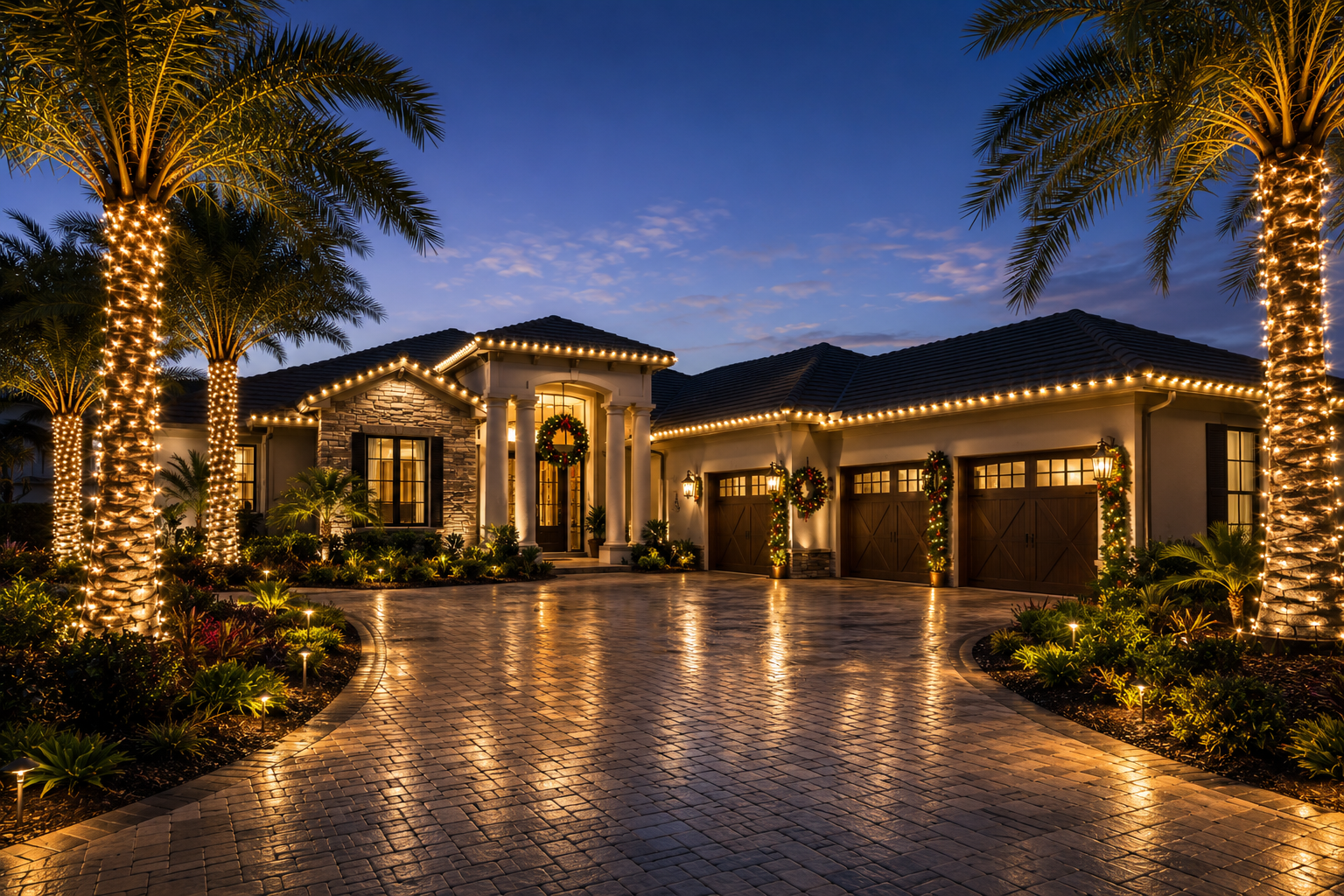 Luxury Florida home with professionally installed Christmas roofline lighting, illuminated wreaths, wrapped palm trees, and landscape lighting in The Villages, Florida.
