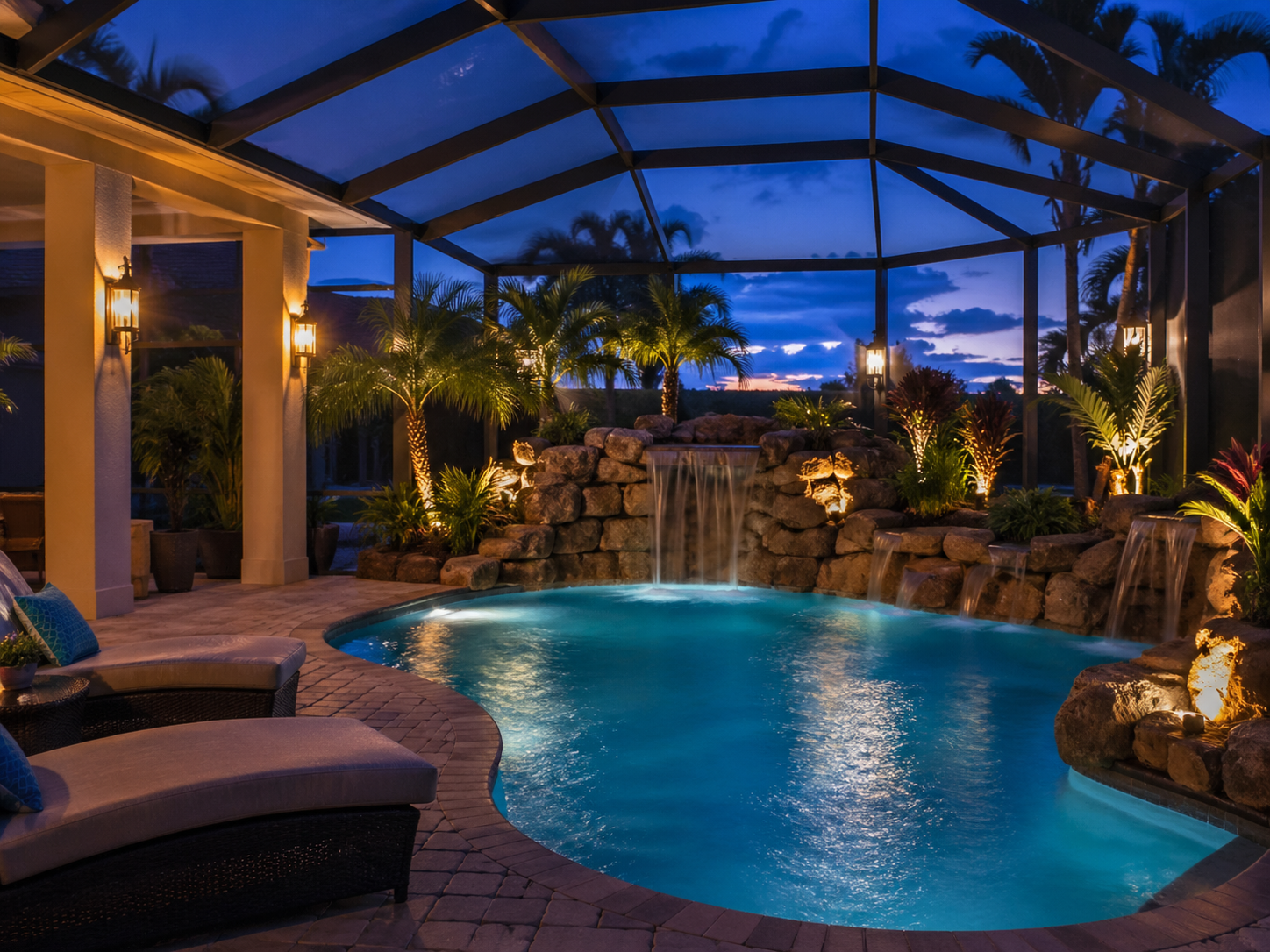 Professional outdoor lighting installation with pool, waterfall, and landscape lighting in a screened lanai in The Villages FL