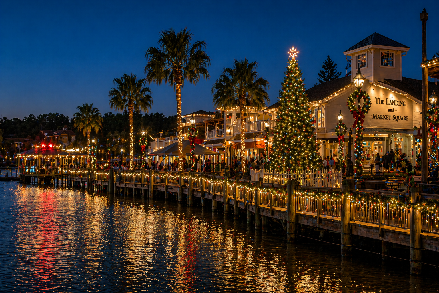 Professionally designed seasonal lighting installation with warm white roofline lighting, illuminated wreaths, palm trees, and Christmas décor in The Villages, Florida.