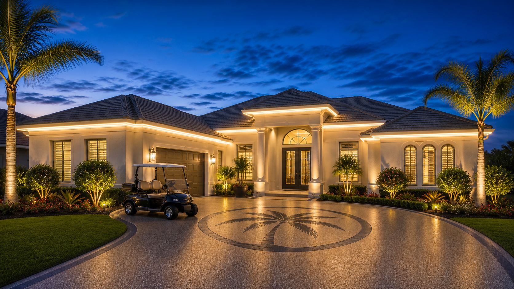 Permanent roofline lighting on a residential home in The Villages Florida featuring warm white LED soffit lighting and professional installation