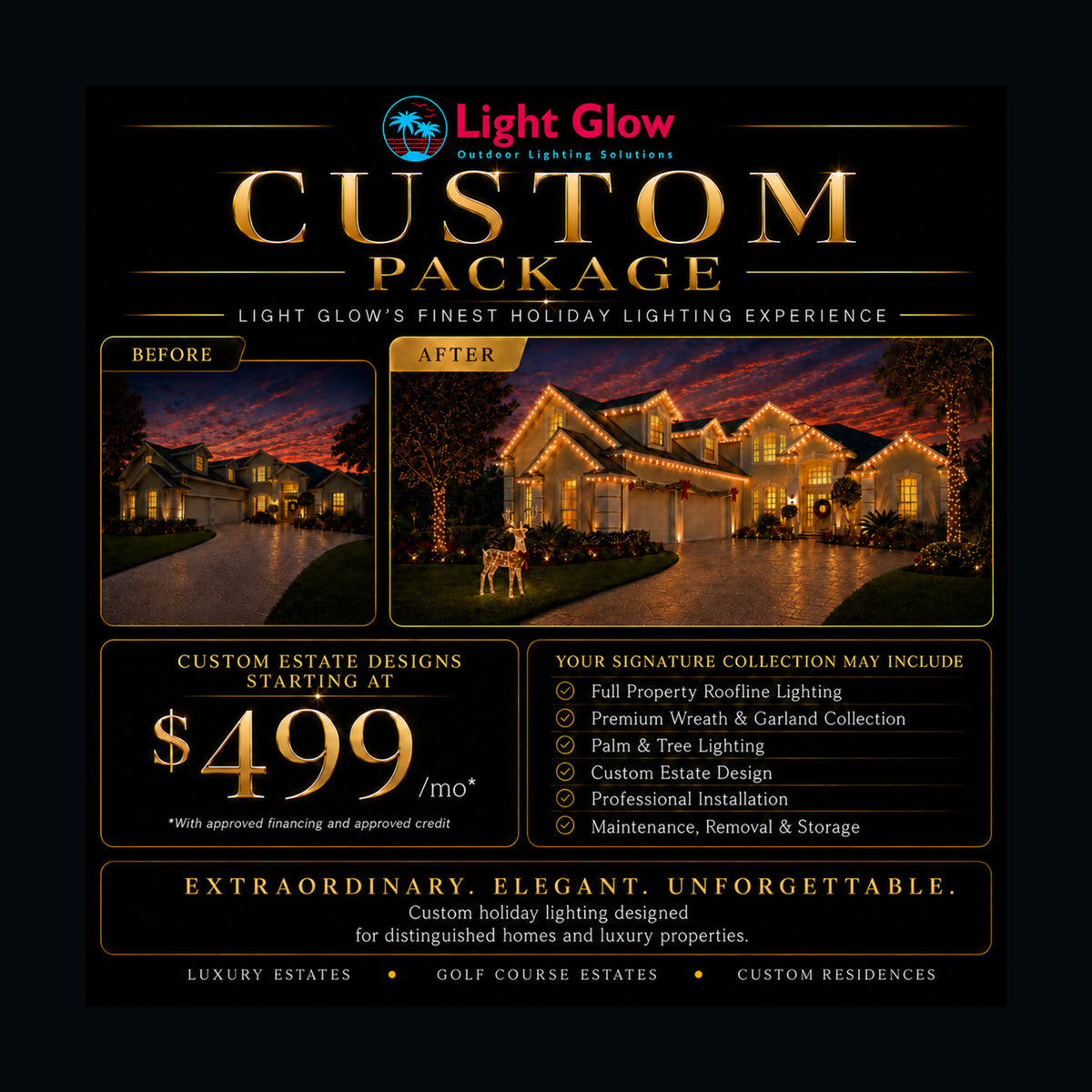 Seasonal Custom Christmas Lighting Package promotional graphic for Light Glow in The Villages, Florida.