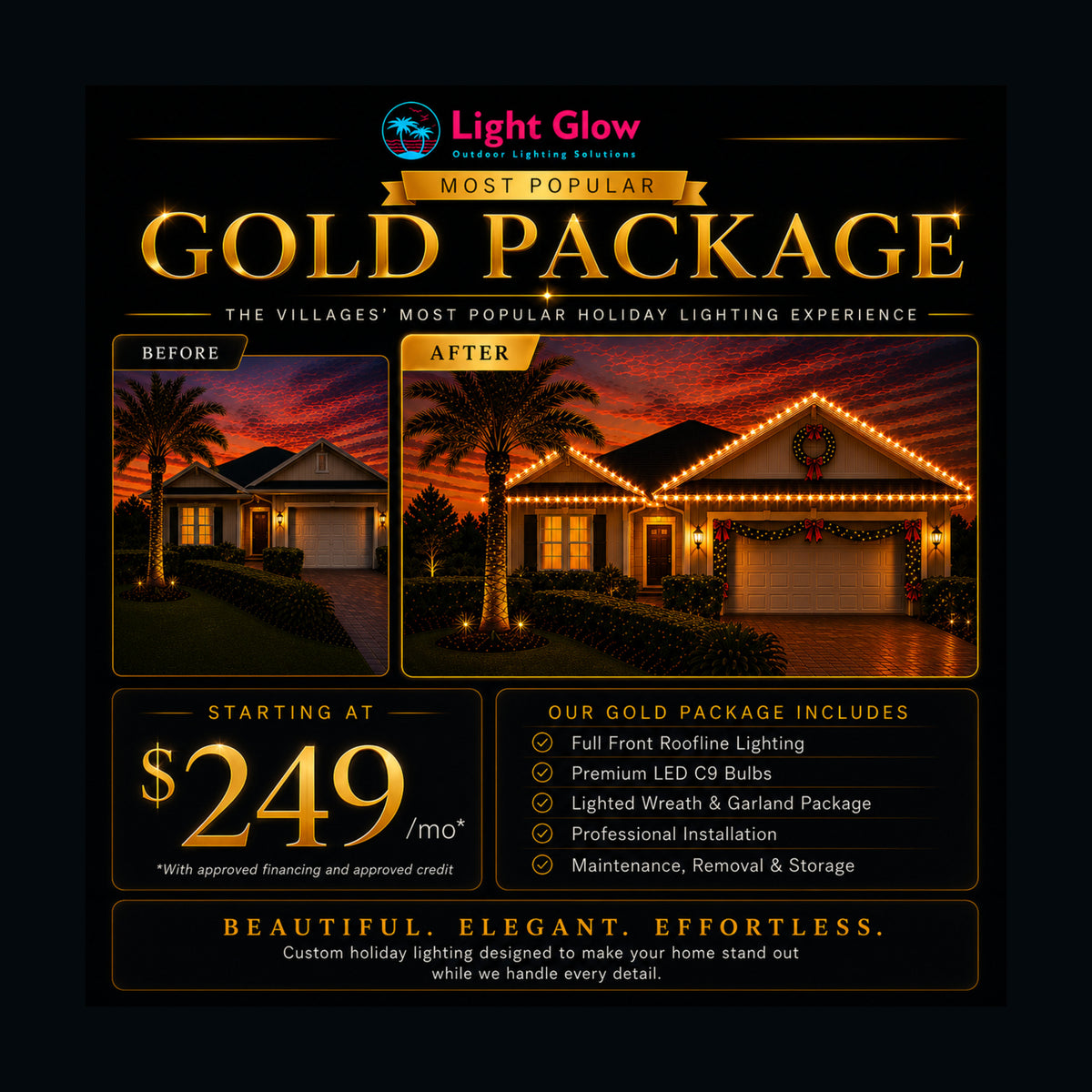 Seasonal Gold Christmas Lighting Package promotional graphic for Light Glow in The Villages, Florida.