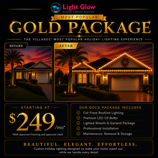 Seasonal Gold Christmas lighting package for Designer Homes in The Villages, FL with professional roofline lighting and holiday décor