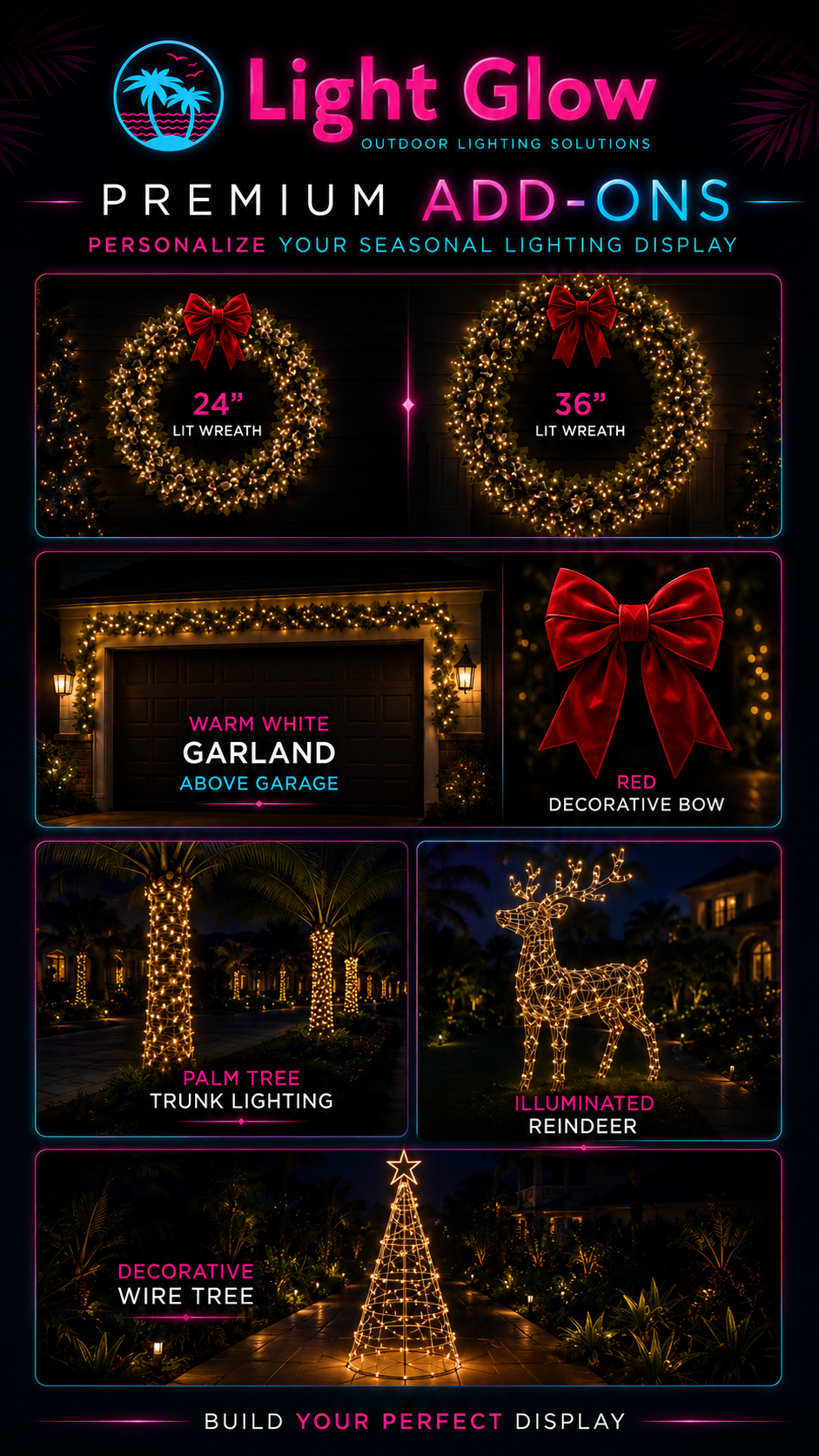 Light Glow premium seasonal lighting package add-ons including illuminated wreaths, warm white garland, decorative bows, palm tree trunk lighting, illuminated reindeer, and decorative wire trees available in The Villages, Florida.