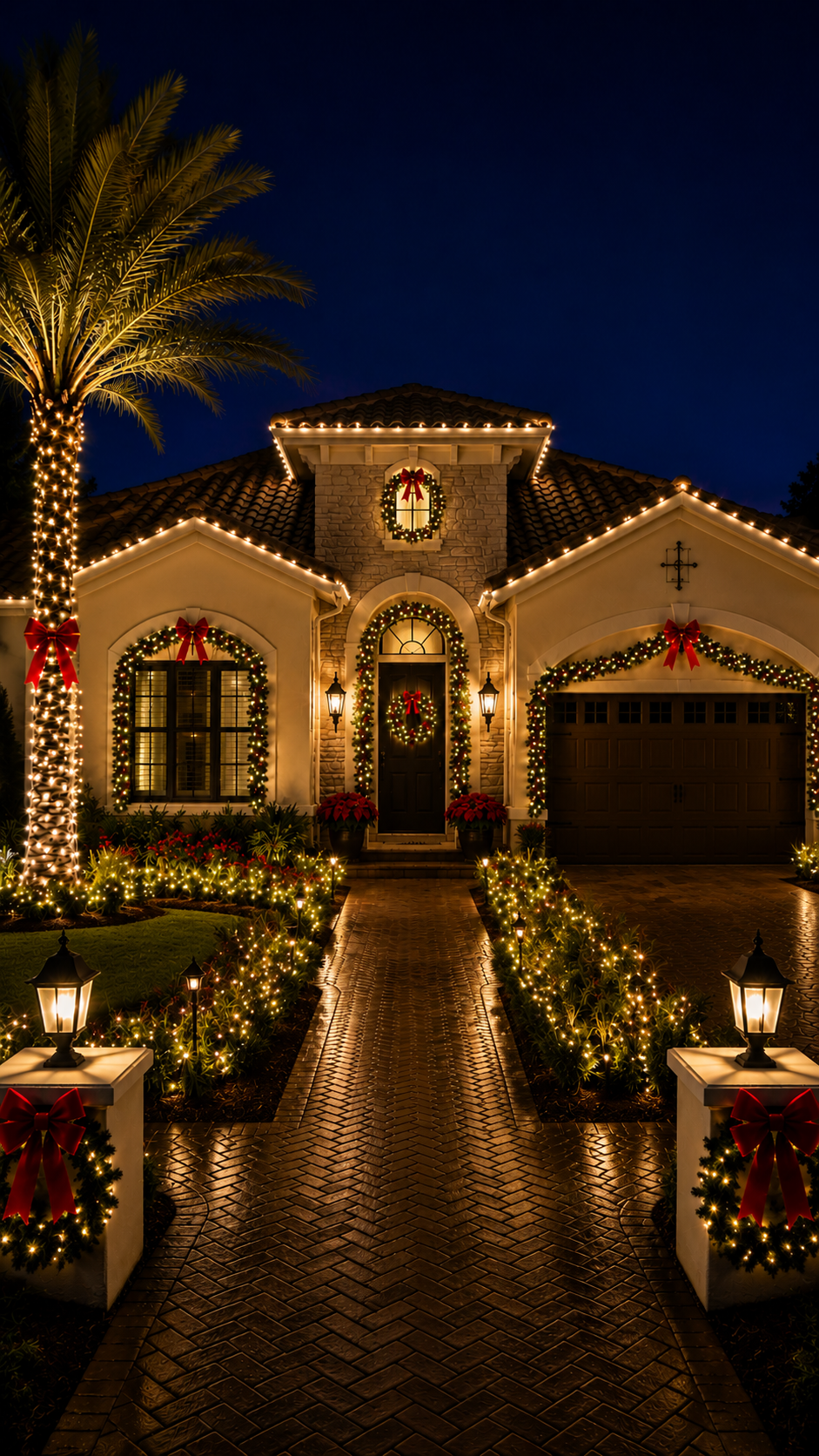 Professionally installed seasonal lighting package featuring warm white C9 roofline lighting, illuminated wreaths, warm white garland, red decorative bows, palm tree trunk lighting, and landscape accent lighting on a luxury home in The Villages, Florida.