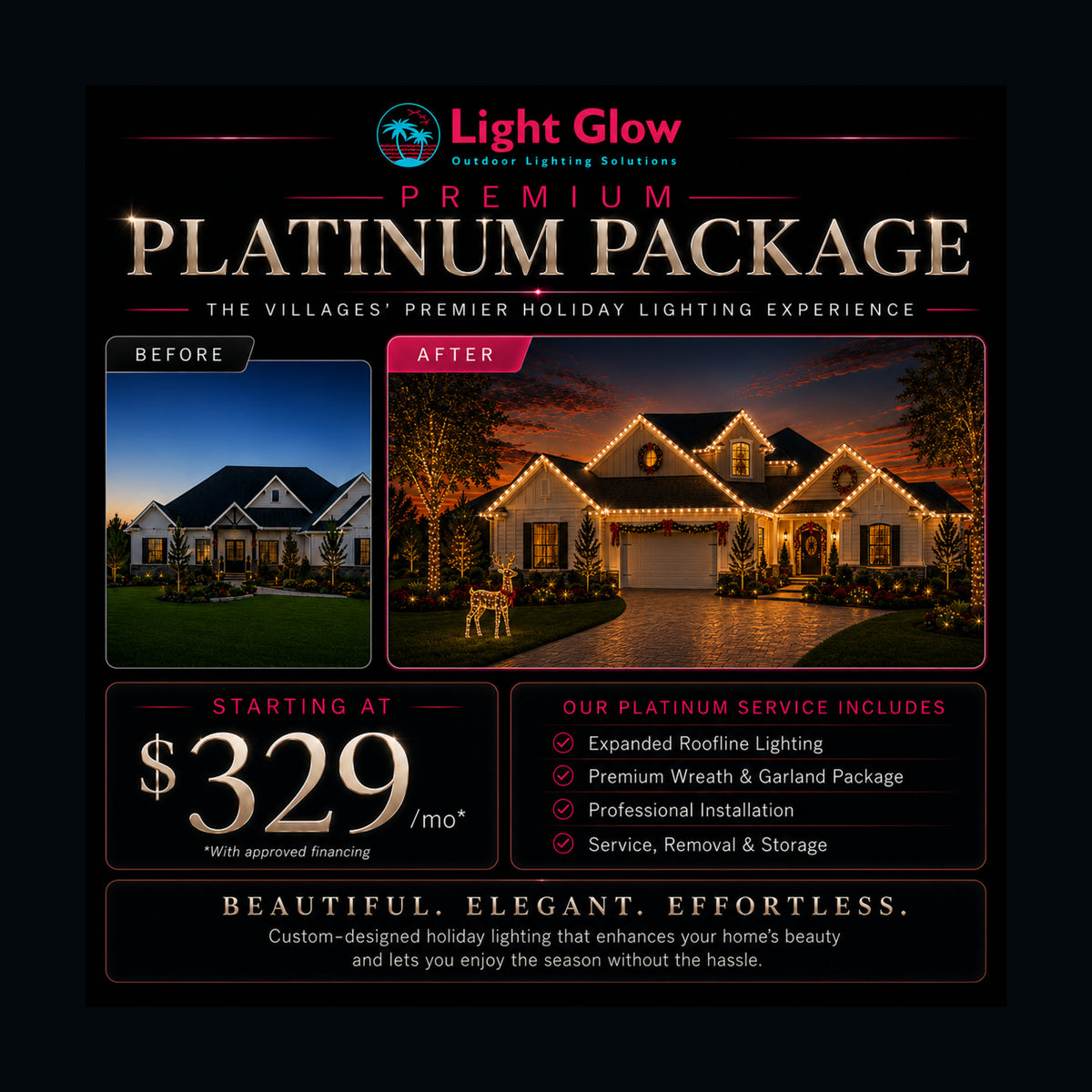 Seasonal Platinum Christmas Lighting Package promotional graphic for Light Glow in The Villages, Florida.