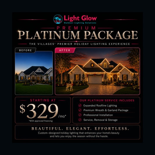 Seasonal Platinum Christmas Lighting Package promotional graphic for Light Glow in The Villages, Florida.