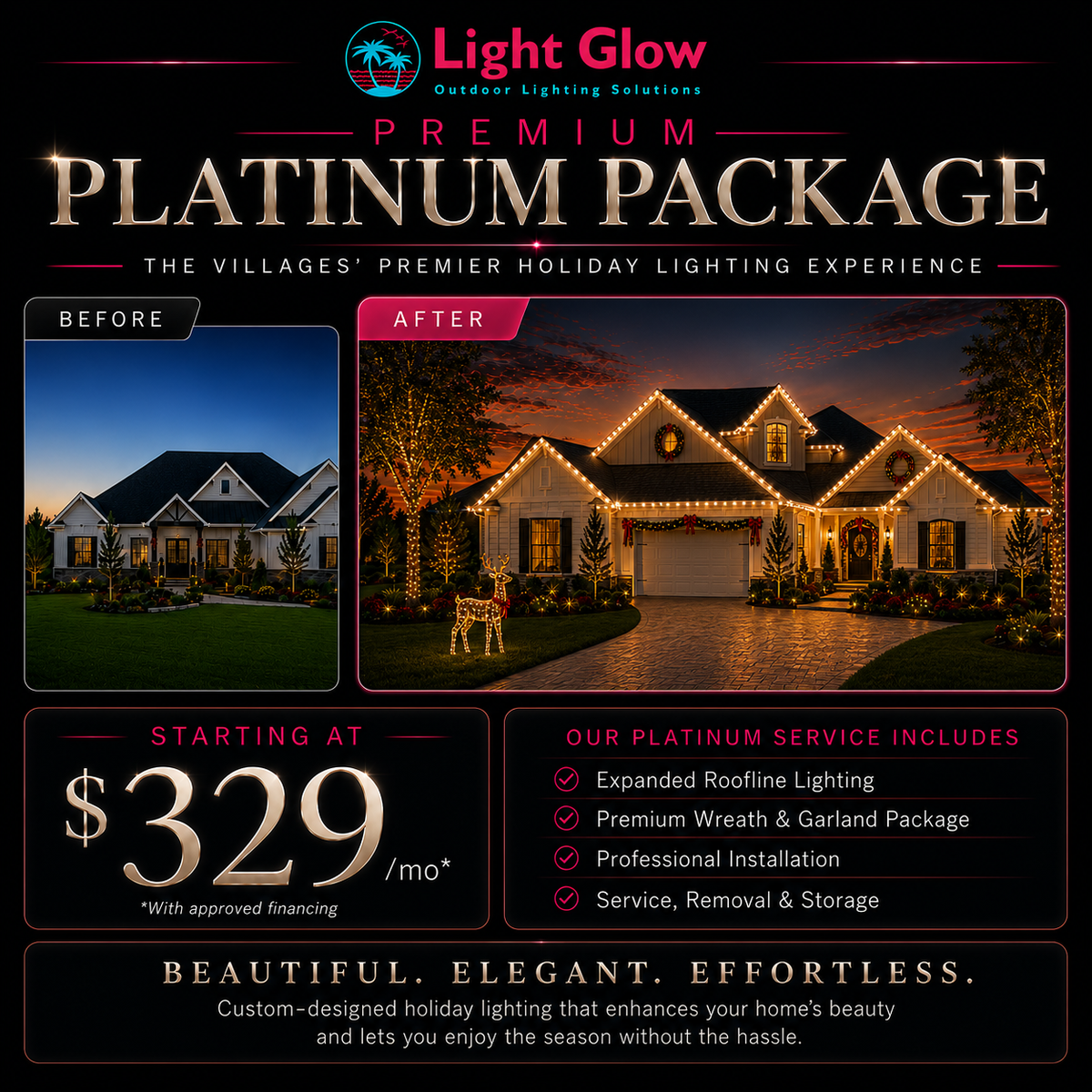 Seasonal Platinum Christmas lighting package for larger homes in The Villages, FL with professional roofline lighting and holiday décor