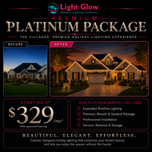 Seasonal Platinum Christmas lighting package for larger homes in The Villages, FL with professional roofline lighting and holiday décor
