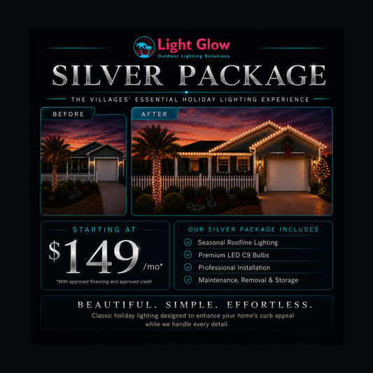 Seasonal Silver Christmas Lighting Package promotional graphic for Light Glow in The Villages, Florida.