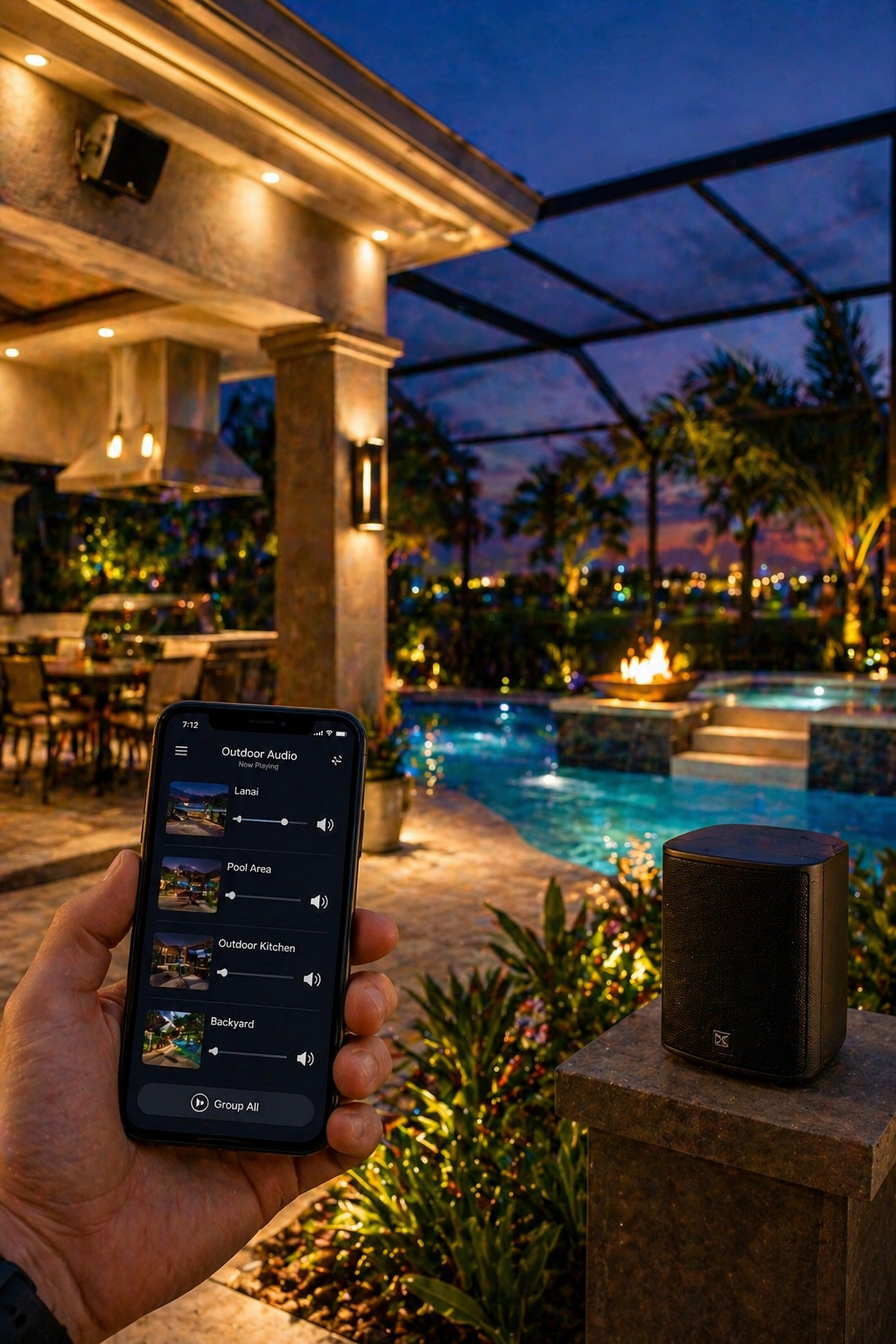 Smart outdoor audio and speaker system controlled by smartphone app with multi-zone audio near a pool and patio in The Villages, FL
