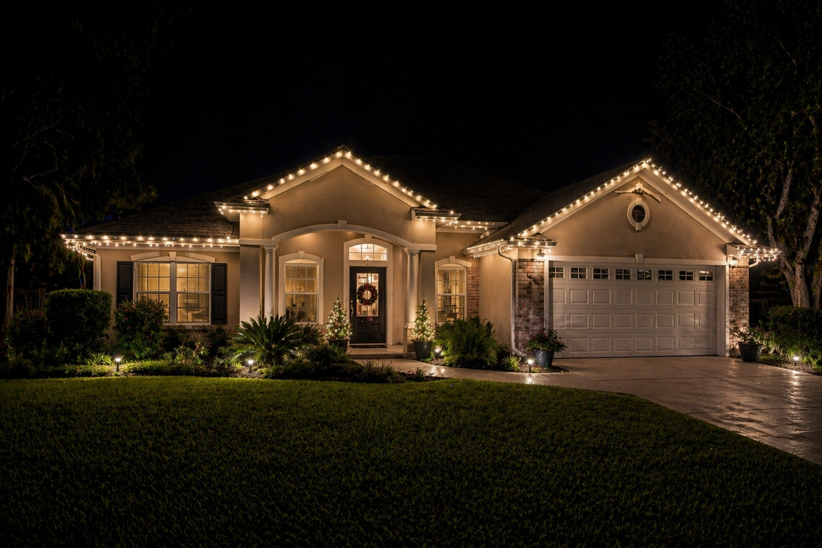 Temporary Christmas light installation with warm white roofline lighting on a home in The Villages, FL with landscape lighting and holiday decor