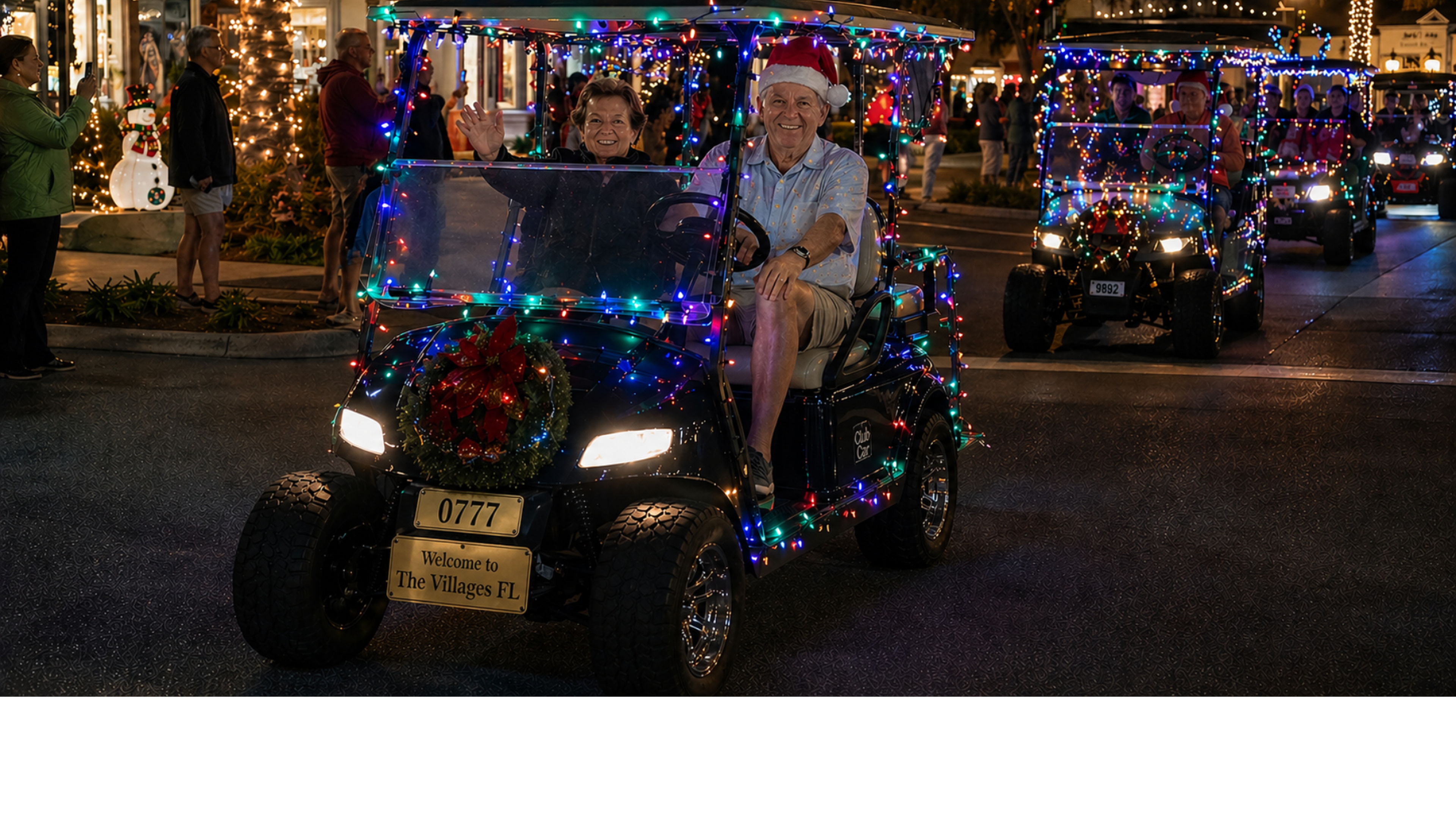 Golf carts decorated with colorful Christmas lights driving through The Villages Florida at night showcasing custom outdoor lighting and festive illumination