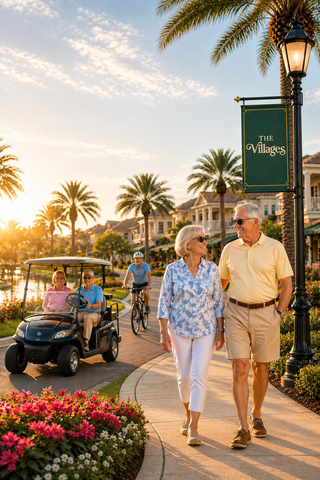 Residents walking along a landscaped path in The Villages Florida showcasing outdoor lifestyle and community environment