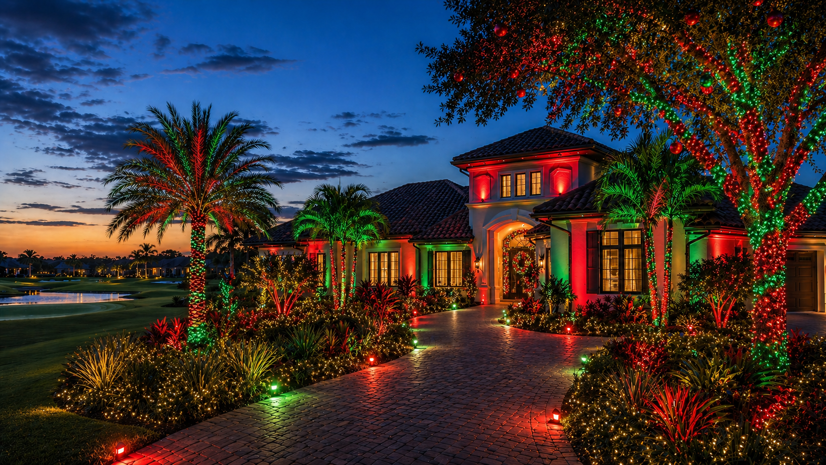 Luxury home in The Villages Florida with color changing outdoor lighting for Christmas including red and green landscape and roofline lighting