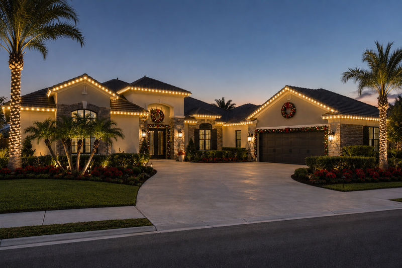 Luxury home with warm white Christmas roofline lighting, illuminated wreaths, garland, wrapped palm trees, and landscape lighting in The Villages, Florida.
